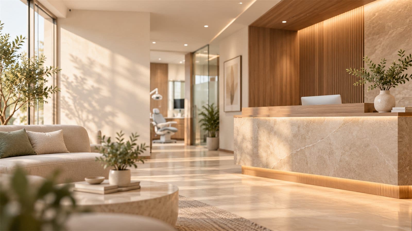 A calm clinic reception area with a stone-fronted front desk, plants and lounge seating